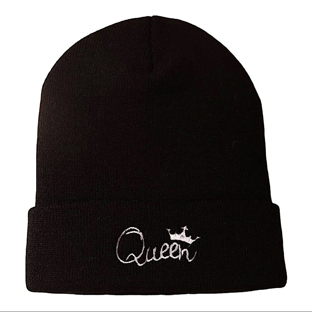 Black Embroidery Beanie with "Queen" Wording